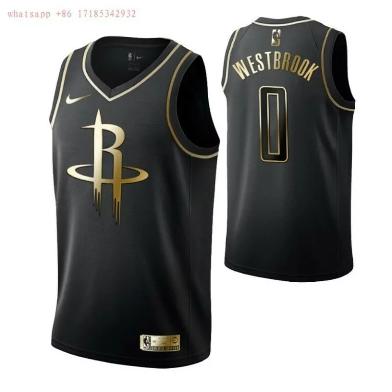 Russell Westbrook Rockets Jersey Black Golden Edition Men Gold