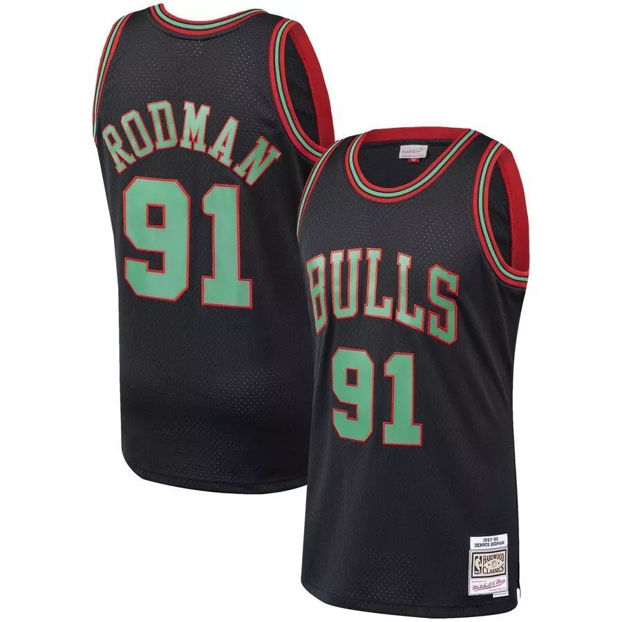 Dennis Rodman 91 Bulls Jersey Black Men Swingman Red Green Hardwood Classics Collection