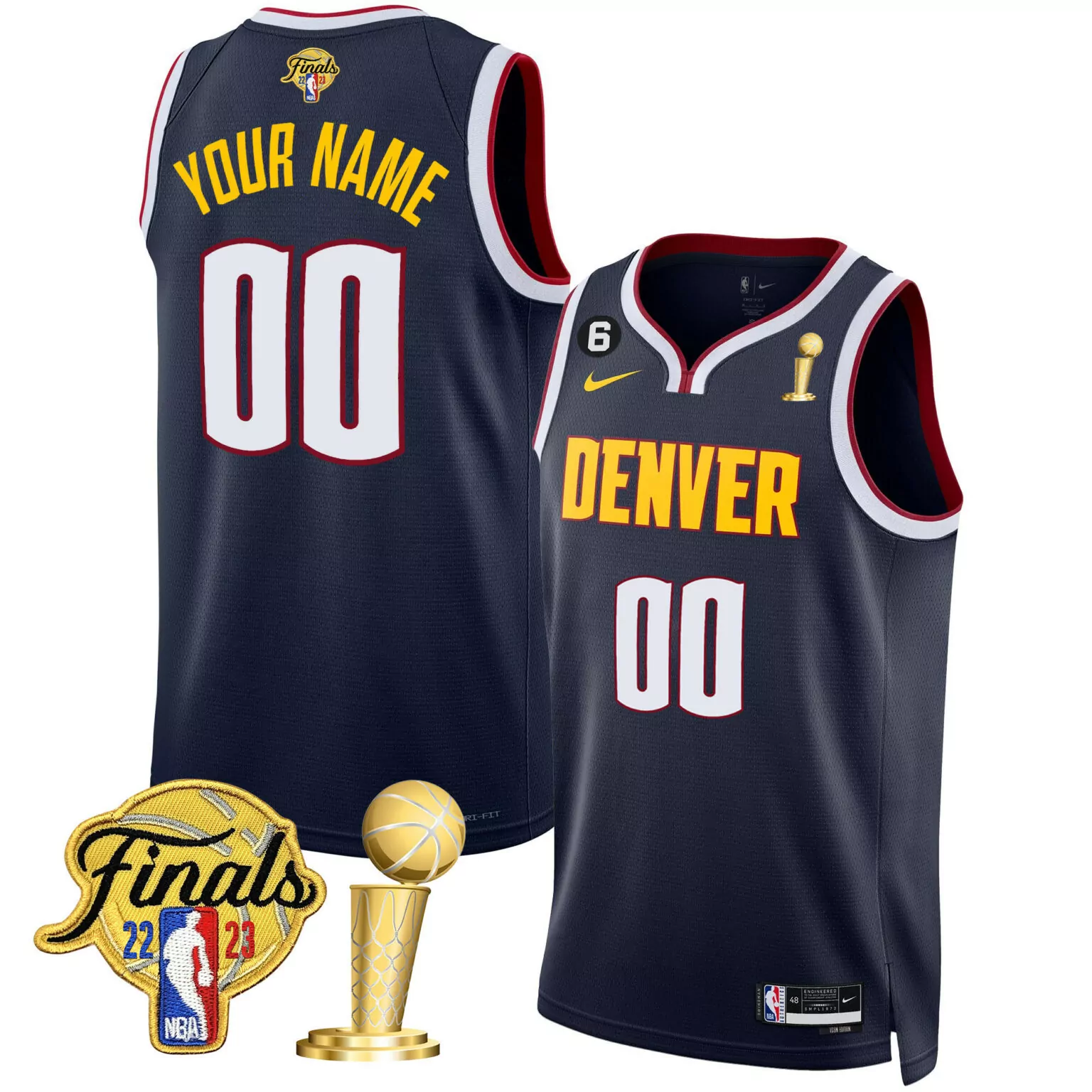 Custom Denver Nuggets Jersey Navy Blue NBA Finals 2023 Men Yellow Red White Icon