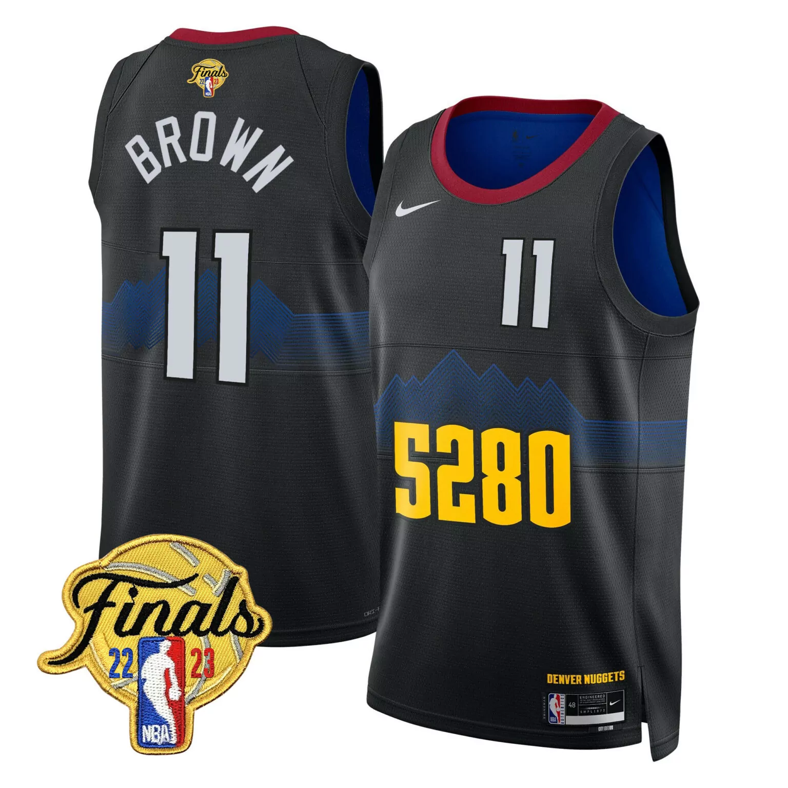 Bruce Brown 11 Denver Nuggets Jersey Black Finals 2023 Men Player Dark Blue Yellow