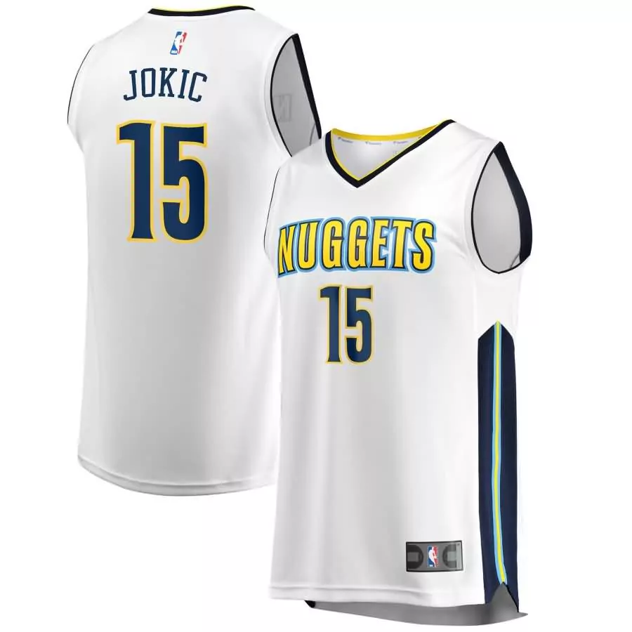 Nikola Jokic 15 Nuggets Jersey White Men Player Navy Yellow Replica