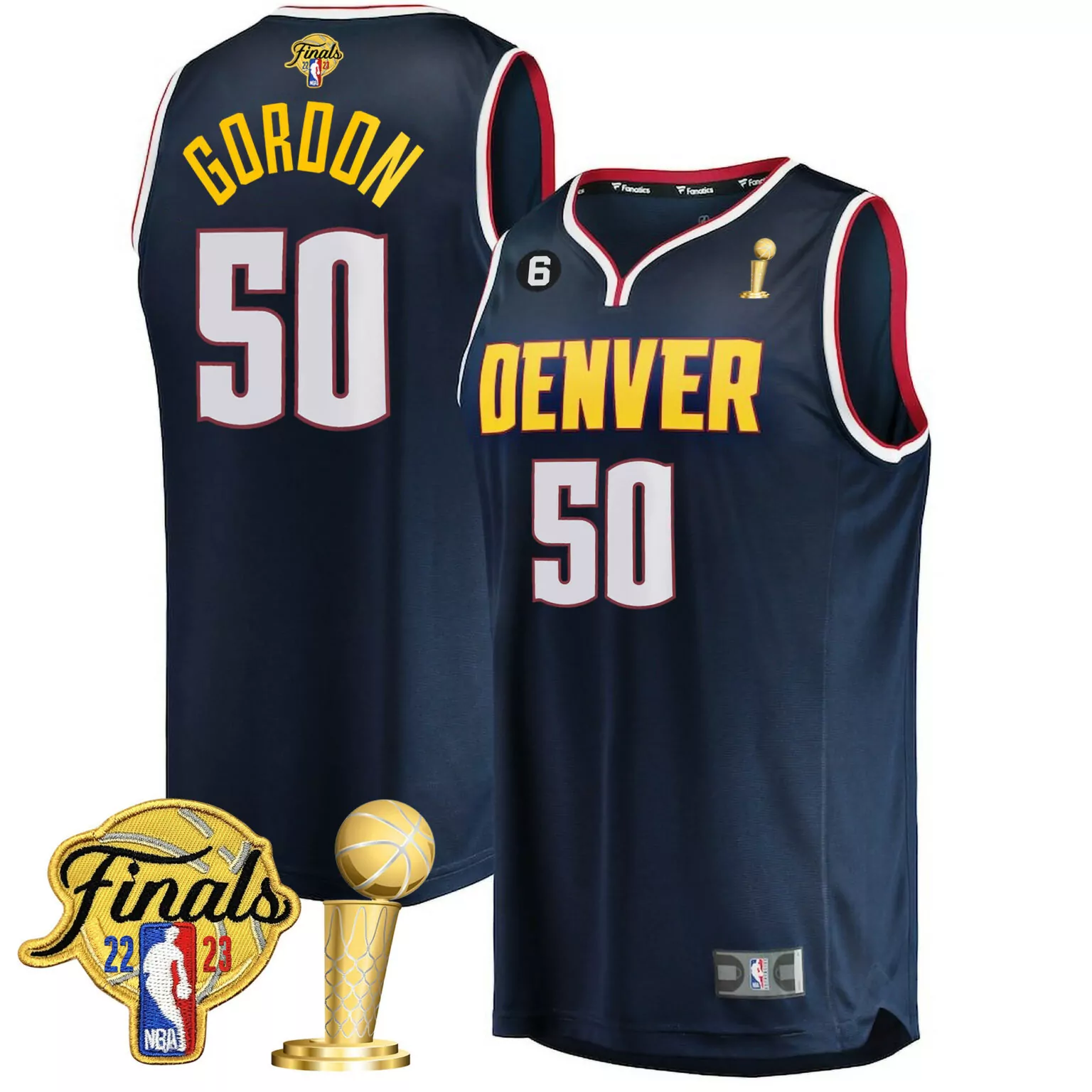 Aaron Gordon 50 Denver Nuggets Jersey Navy Blue NBA Finals 2023 Trophy Men Yellow