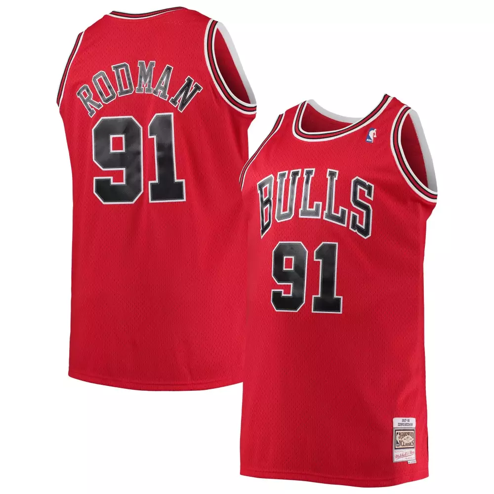 Dennis Rodman 91 Bulls Jersey Red Hardwood Classics Men White Black