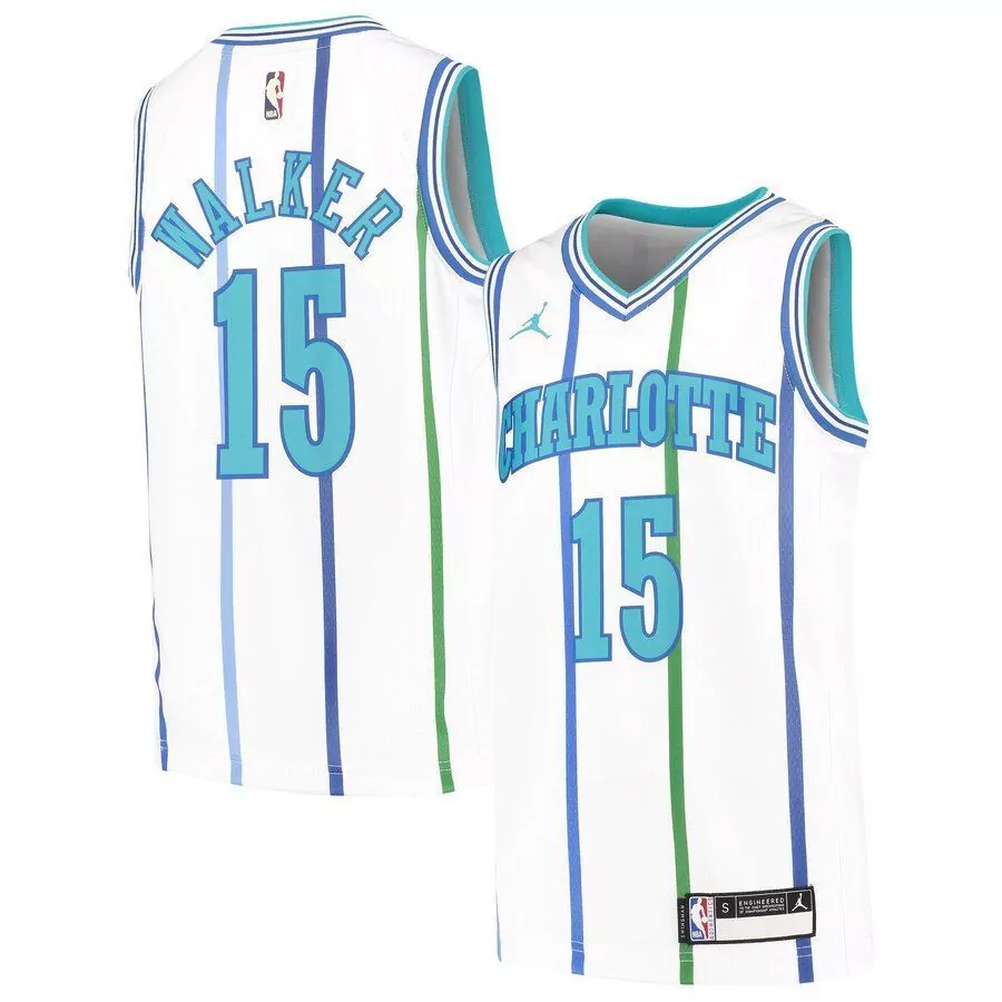 Kemba Walker 15 Charlotte Hornets Jersey White Men Pinstripe Teal Light Blue Green