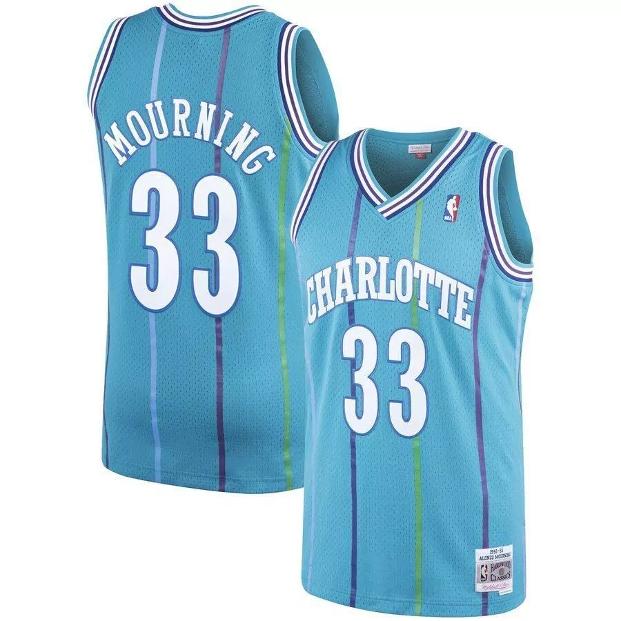 Alonzo Mourning 33 Jersey Teal Hardwood Classics Charlotte Hornets Men Pinstripe