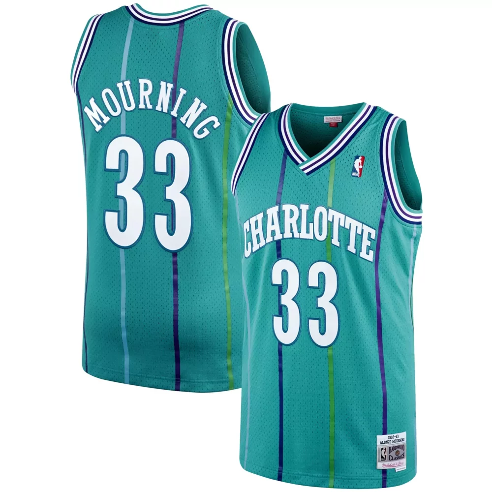 Alonzo Mourning 33 Jersey Teal Hardwood Classics Charlotte Hornets Men Split Design