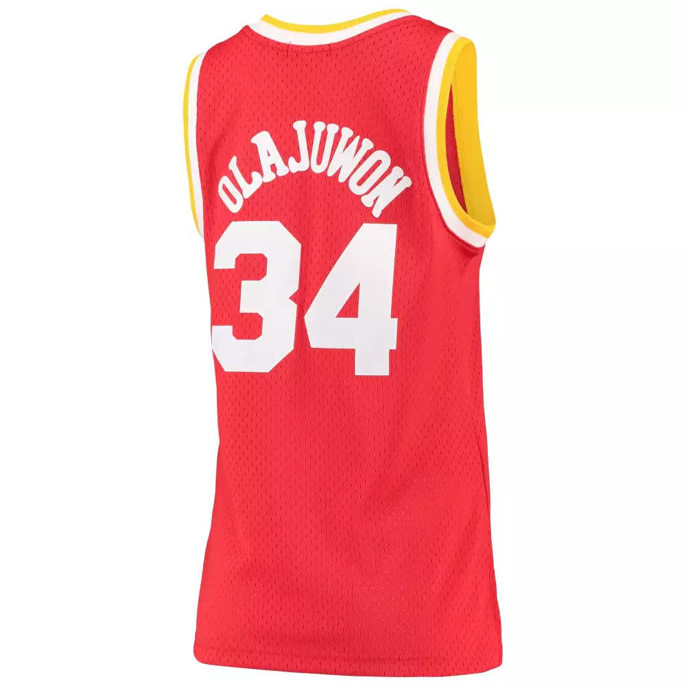 Hakeem Olajuwon 34 Jersey Red Houston Rockets Men Yellow White Hardwood Classics