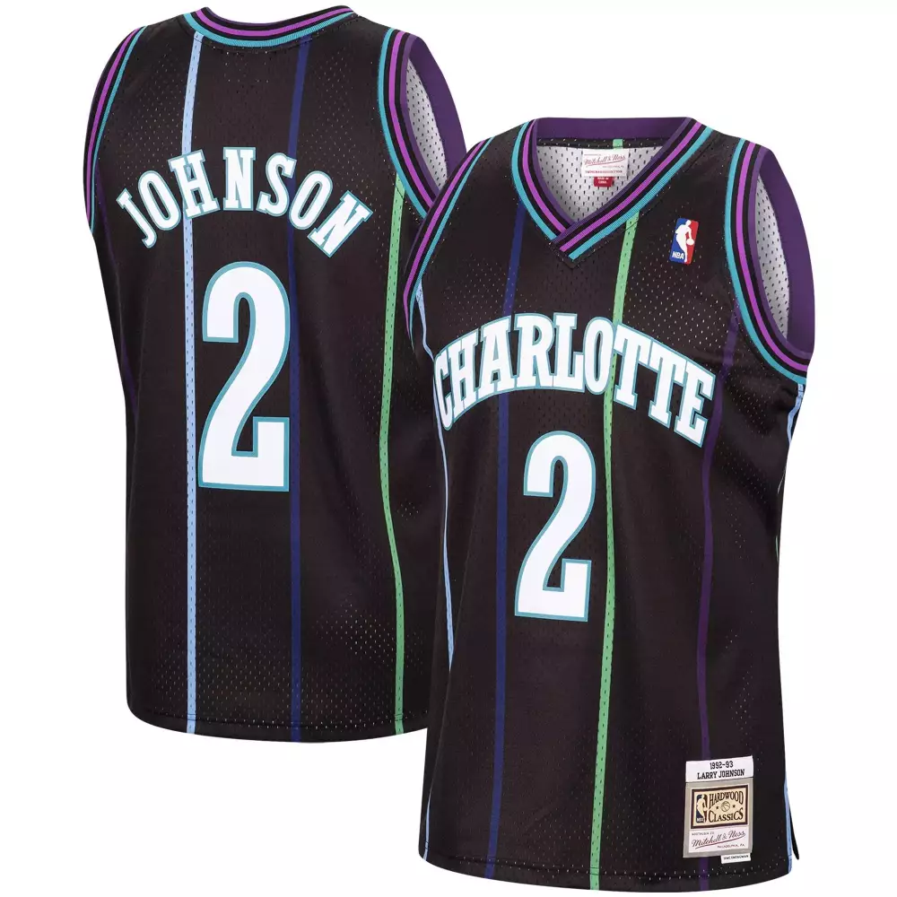 Larry Johnson 2 Charlotte Hornets Jersey Black Hardwood Classics Men Sublimated Split Design