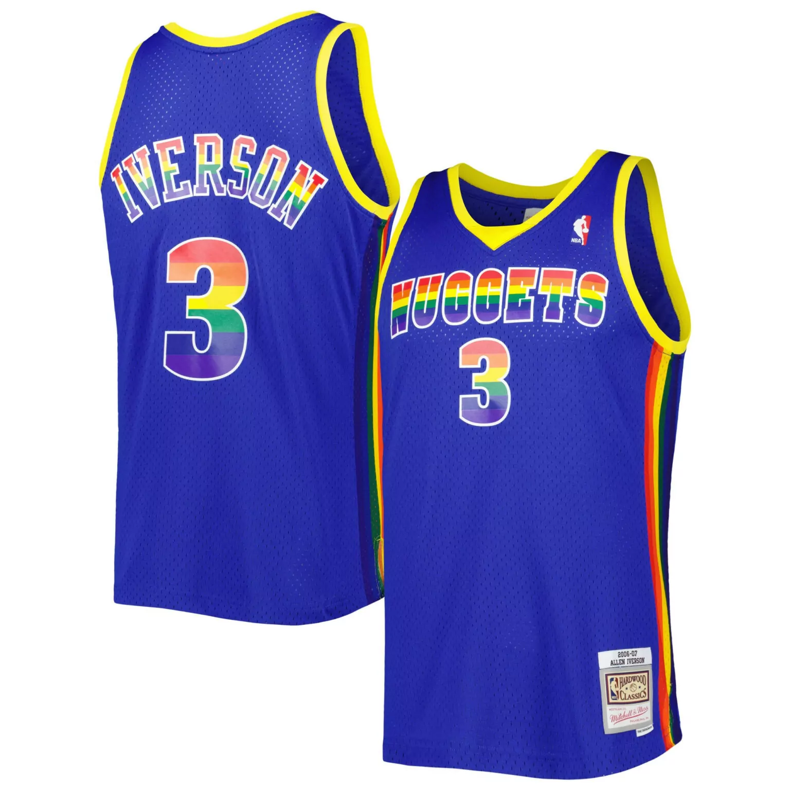 Allen Iverson 3 Nuggets Jersey Blue Pride Mitchell Ness Hardwood Classics Men Split
