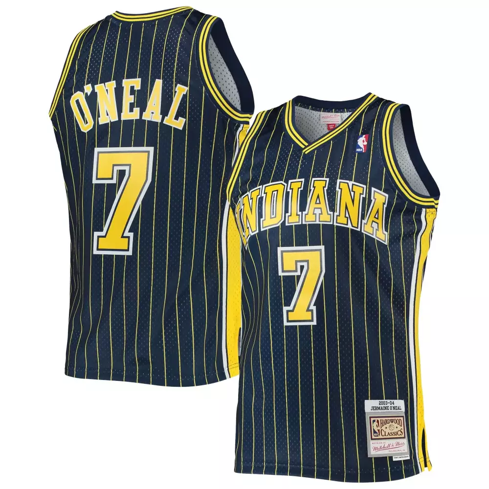 Shaquille Oneal 7 Indiana Pacers Jersey Navy Men Pinstripe Yellow Hardwood Classics