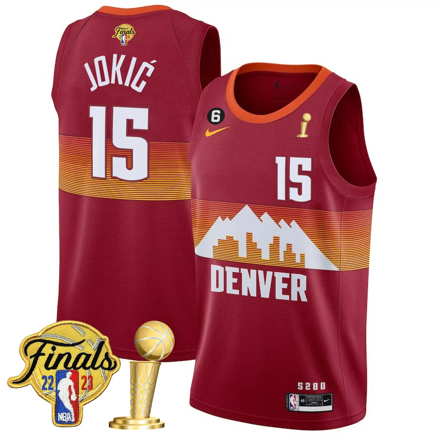 Nikola Jokic 15 Denver Nuggets Jersey Maroon 2023 NBA Finals Larry O'brien Championship Trophy