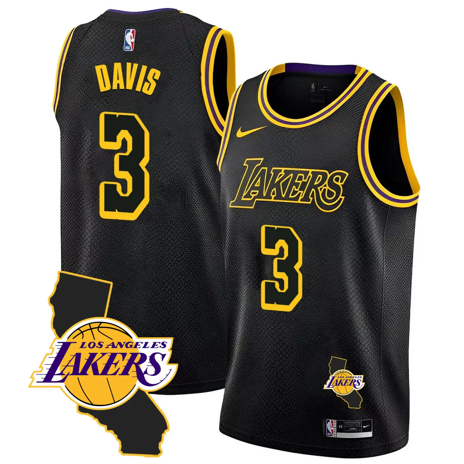 Davis 3 Los Angeles Lakers Jersey Black Men Alternate Yellow Purple All Stitched