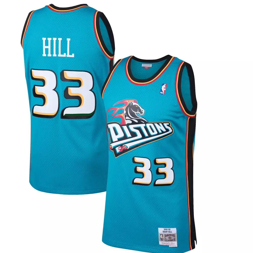 Grant Hill 33 Pistons Jersey Teal 1999-00 Hardwood Classics Men Appliqué Alternate