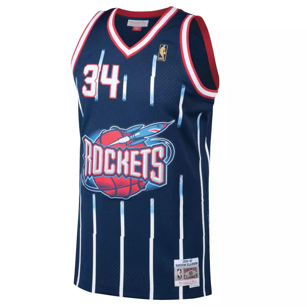 Hakeem Olajuwon 34 Rockets Jersey Navy Mitchell Ness Hardwood Classics Men Pinstripe