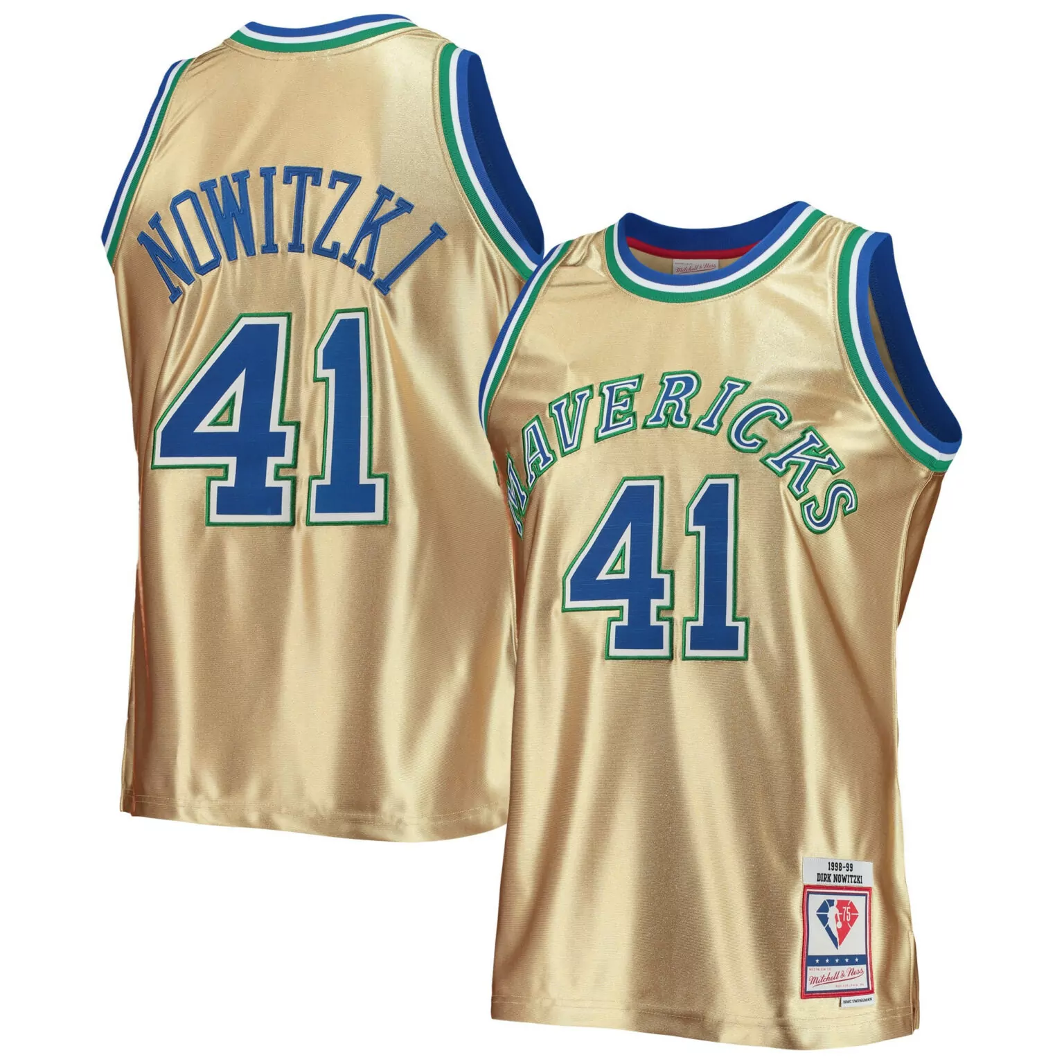 Dirk Nowitzki 41 Mavericks Jersey Gold 1998-99 Mitchell Ness 1999 Men Throwback Blue