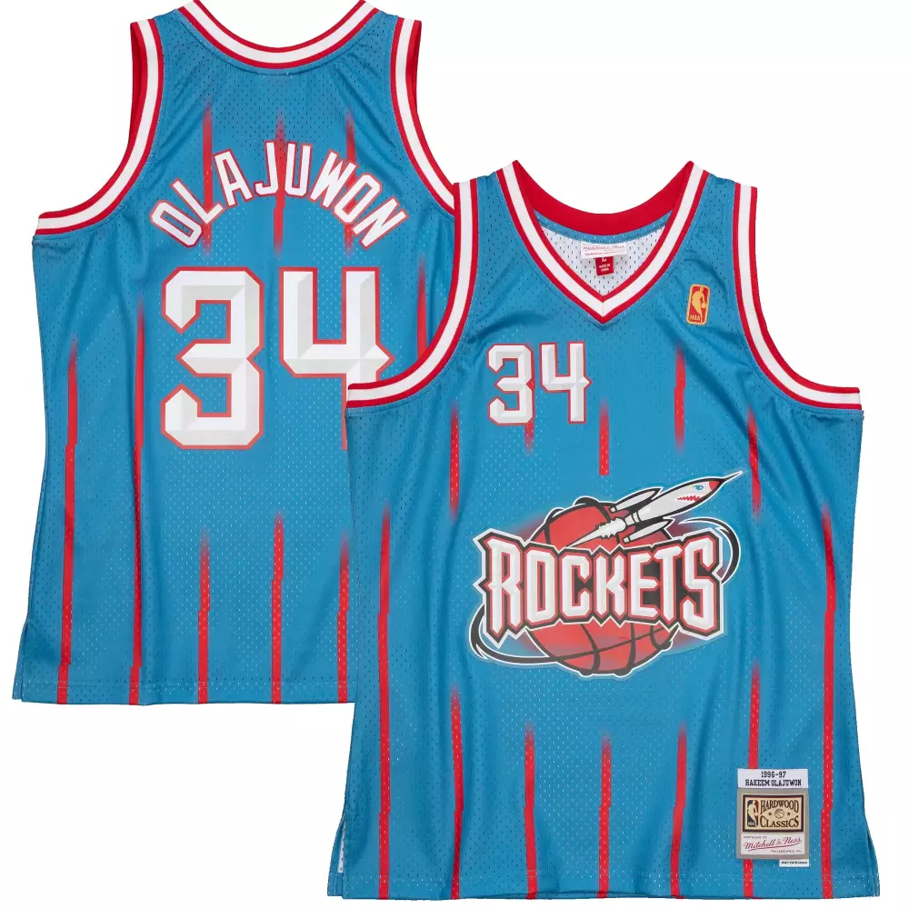 Hakeem Olajuwon 34 Rockets Jersey Blue 1996-97 Hardwood Classics Men Red White Swingman