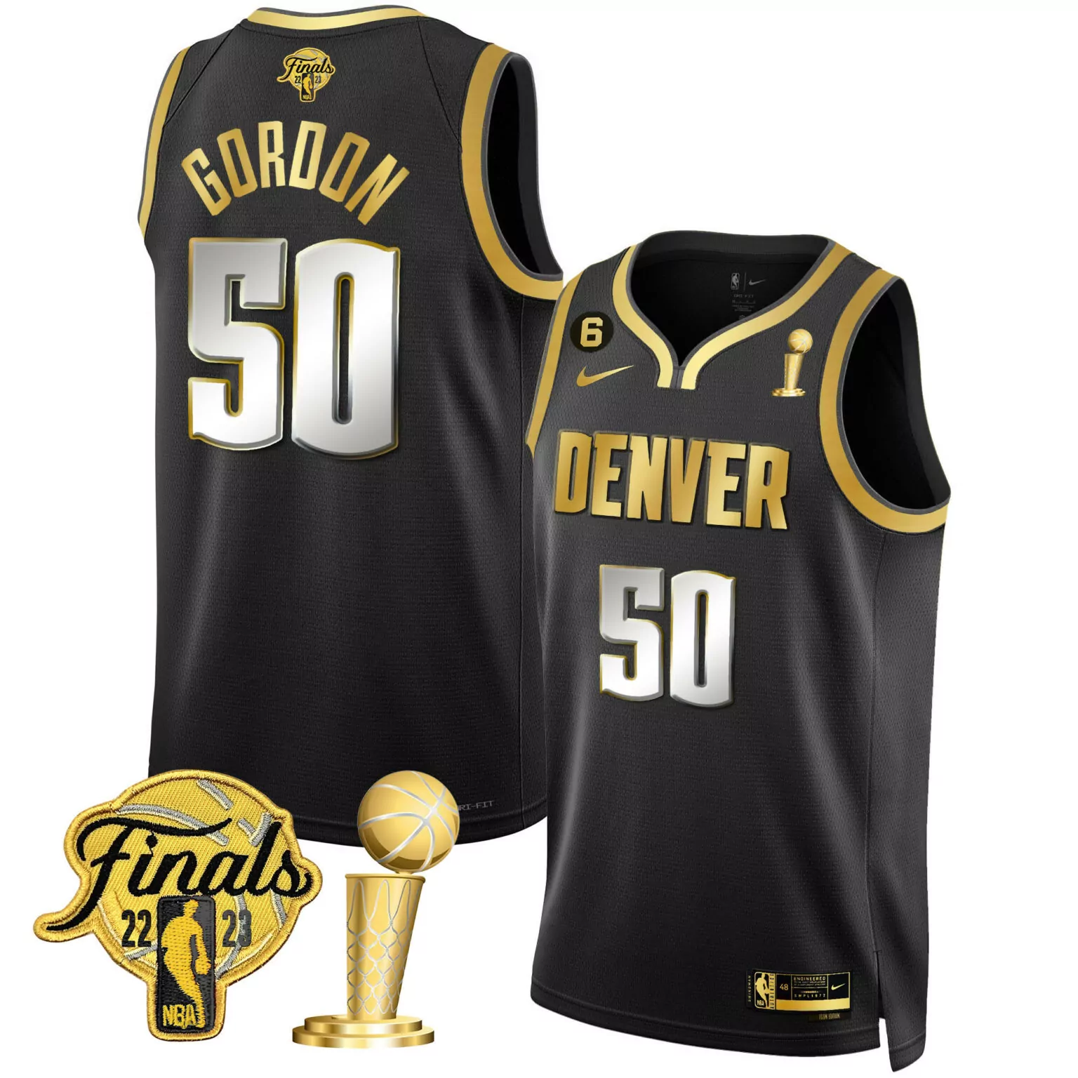 Aaron Gordon 50 Denver Nuggets Jersey Black 2023 NBA Finals Champions Larry O'brien Trophy