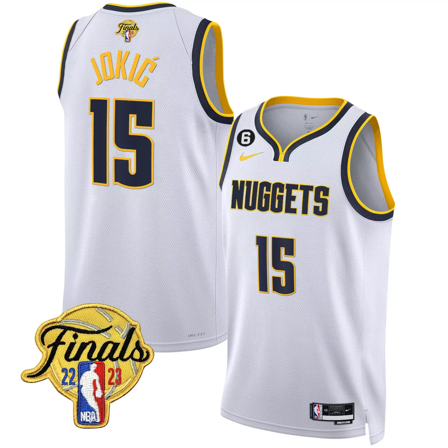 Nikola Jokic 15 Nuggets Jersey White Finals 2022-2023 Men Standard Navy Yellow All