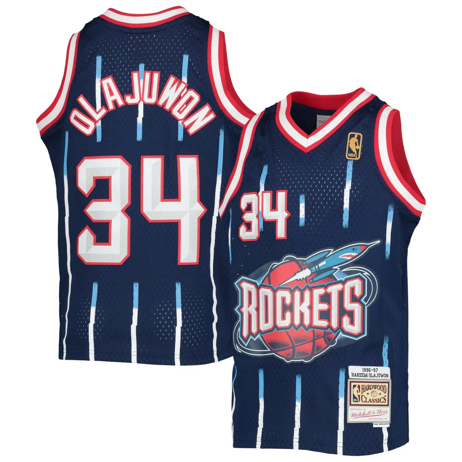 Hakeem Olajuwon 34 Rockets Jersey Navy 1996-97 Mitchell Ness Hardwood Classics Men