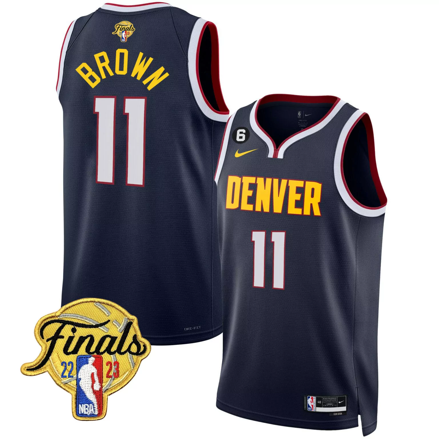 Bruce Brown 11 Denver Nuggets Jersey Navy 2023 NBA Finals Men Yellow White Red Icon