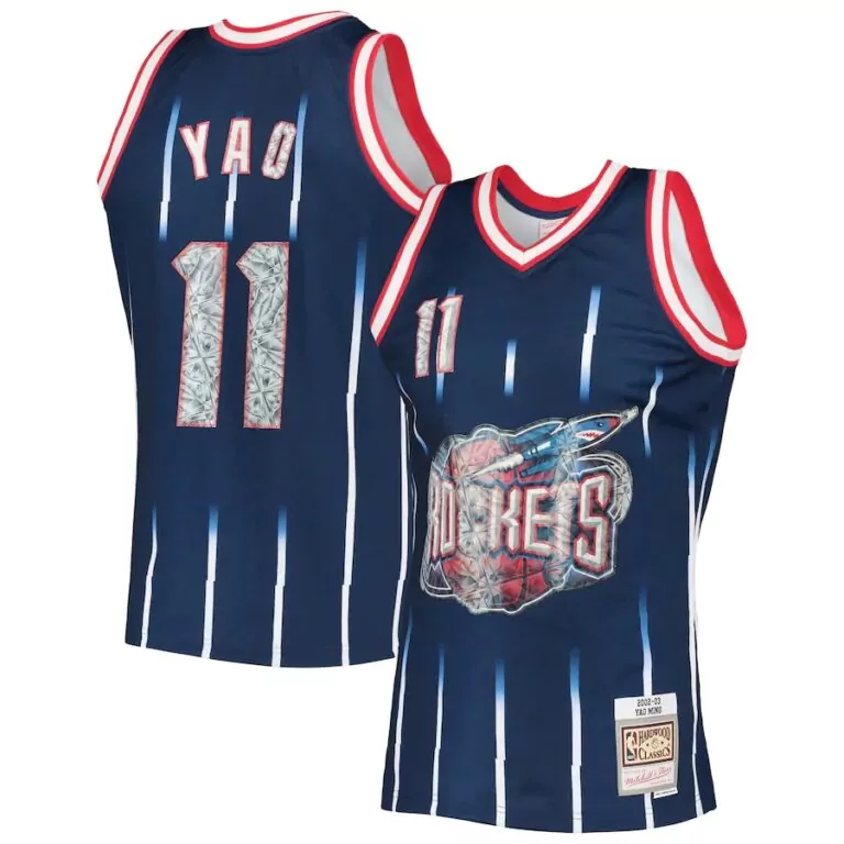 Yao Ming 11 Houston Rockets Jersey Navy Blue Mitchell & Ness Hardwood Classics 2002