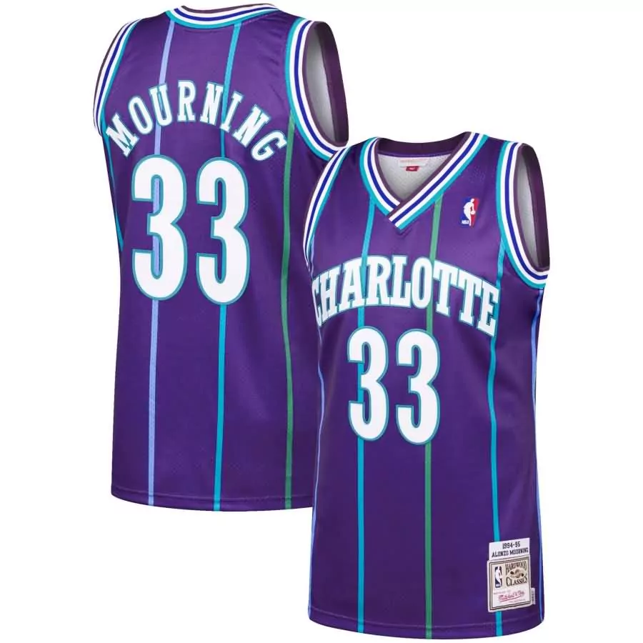 Alonzo Mourning 33 Jersey Purple 1994-95 Charlotte Hornets Mitchell Ness Hardwood Classics