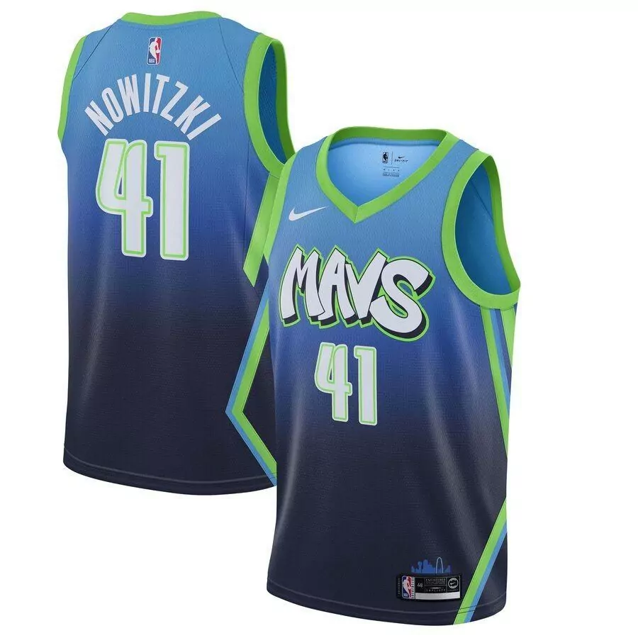 Dirk Nowitzki 41 Dallas Mavericks Jersey Blue Men Alternate Split Design Neon Green