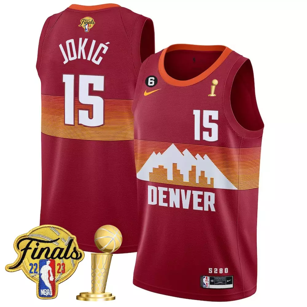 Jokić 15 Denver Nuggets Jersey Maroon 2023 NBA Finals Men City Edition Alternate