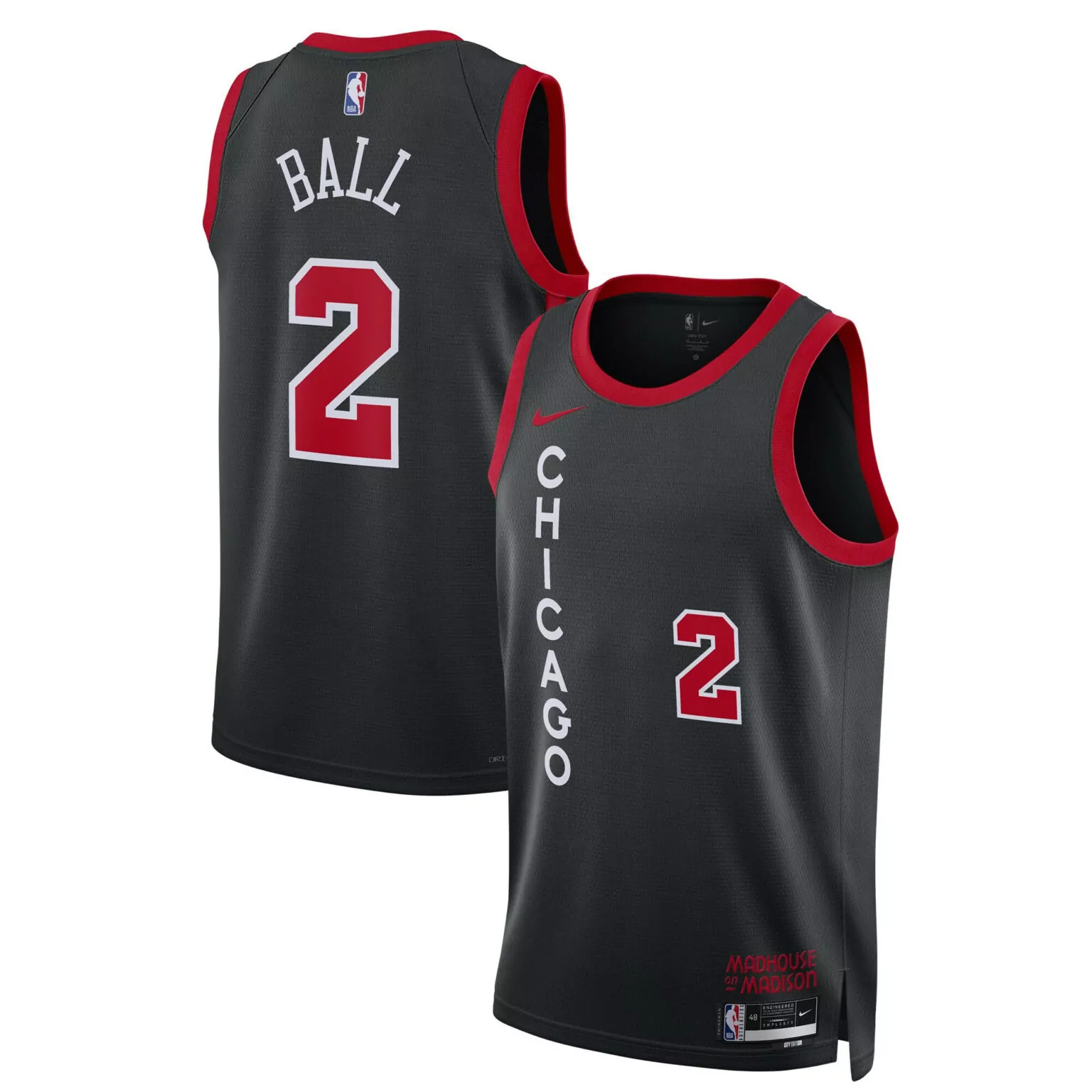 Lonzo Ball 2 Chicago Bulls Jersey Black Madhouse Madison Men NBA Red White All Stitched