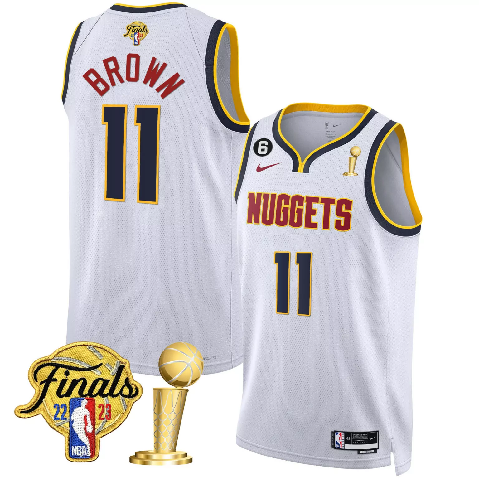 Brown 11 Nuggets Jersey White 2023 NBA Finals Champions 2022 Men Player Yellow Navy
