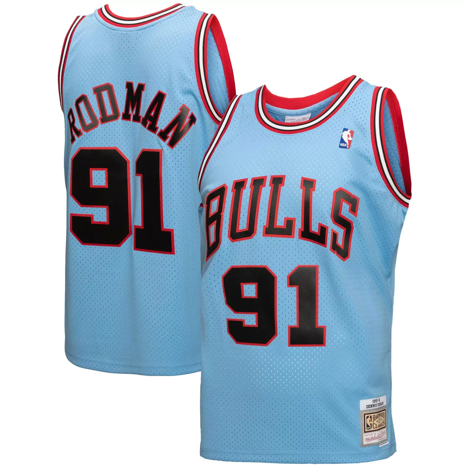 Dennis Rodman 91 Bulls Jersey Light Blue Mitchell & Ness Hardwood Classics Men Red