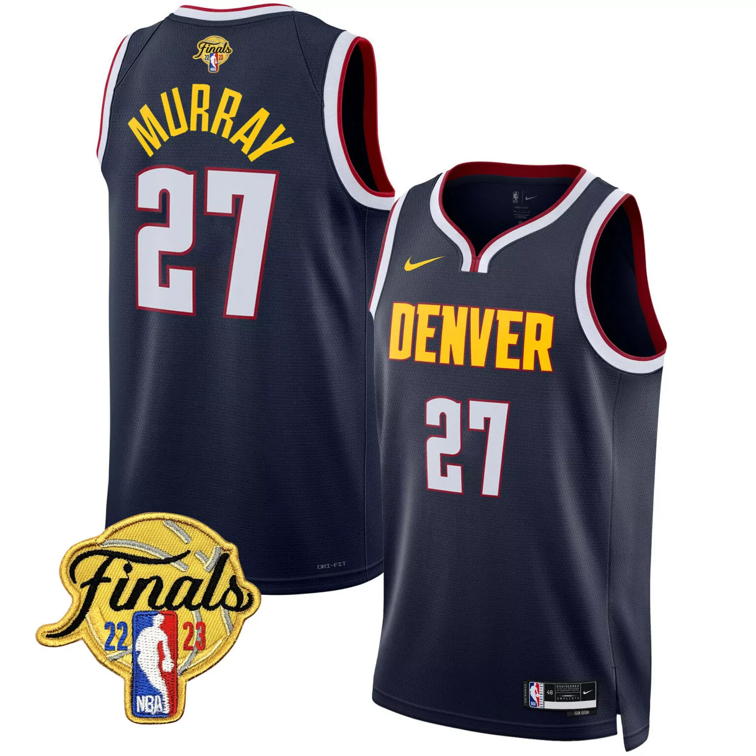 Jamal Murray 27 Denver Nuggets Jersey Navy Blue 2023 NBA Finals Men Yellow Red White