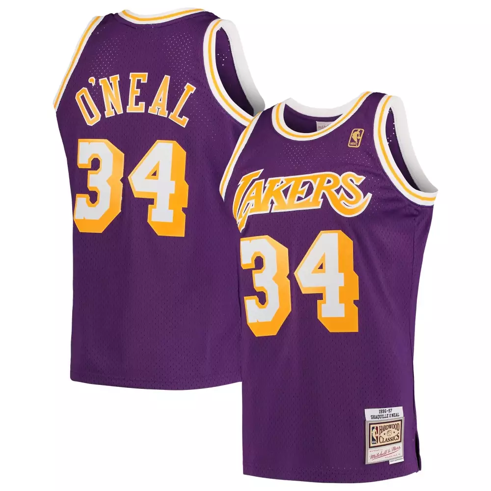 Shaquille Oneal 34 Lakers Jersey Purple Men Gold White Hardwood Classics