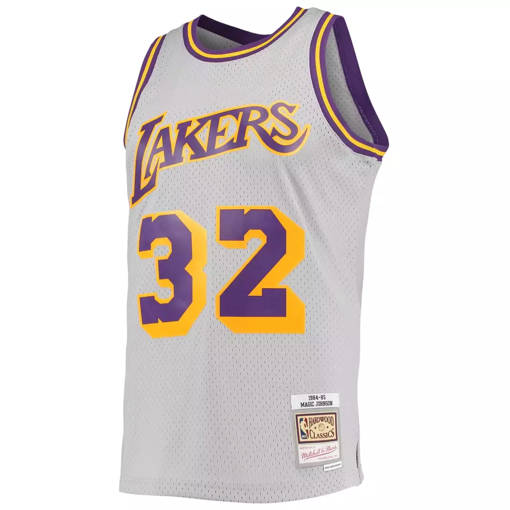 Magic Johnson 32 Jersey Gray 1984-85 Los Angeles Lakers Hardwood Classics Men Replica