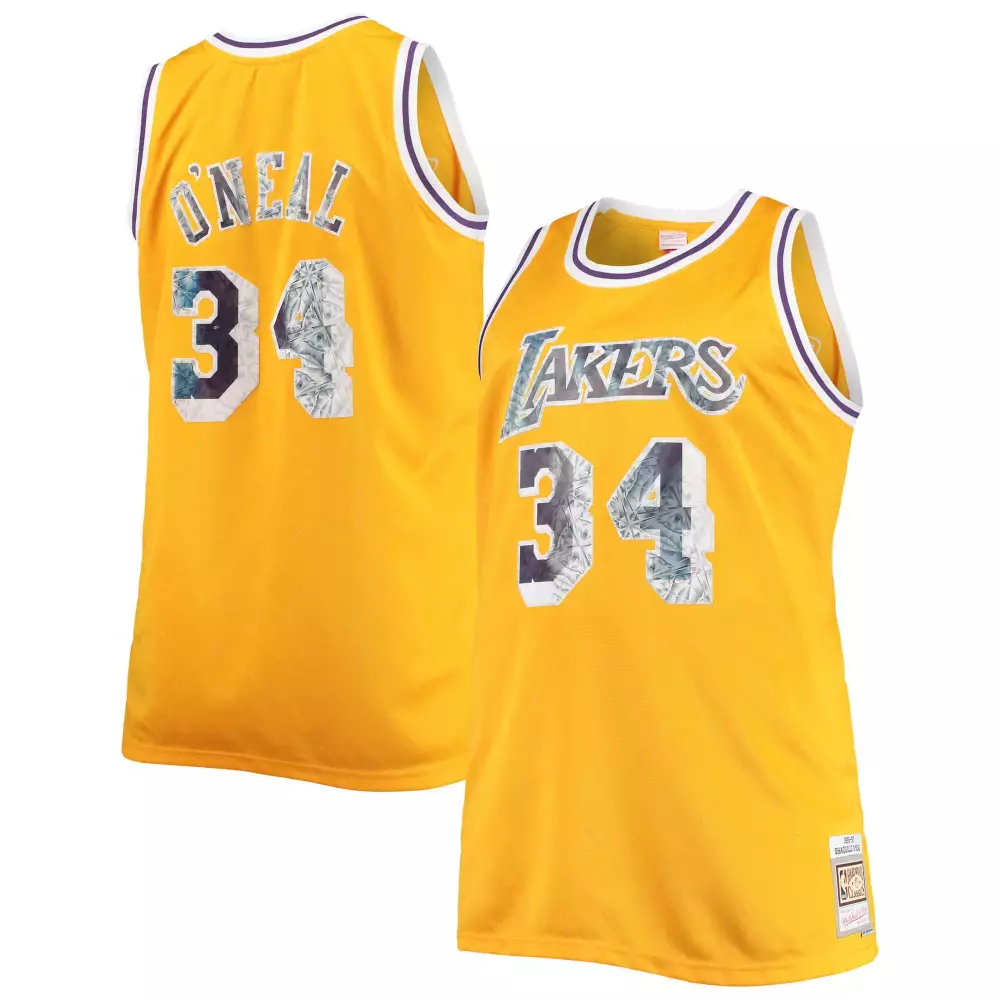 Shaquille Oneal 34 Lakers Jersey Gold Money Mitchell Ness Men Custom Design Purple