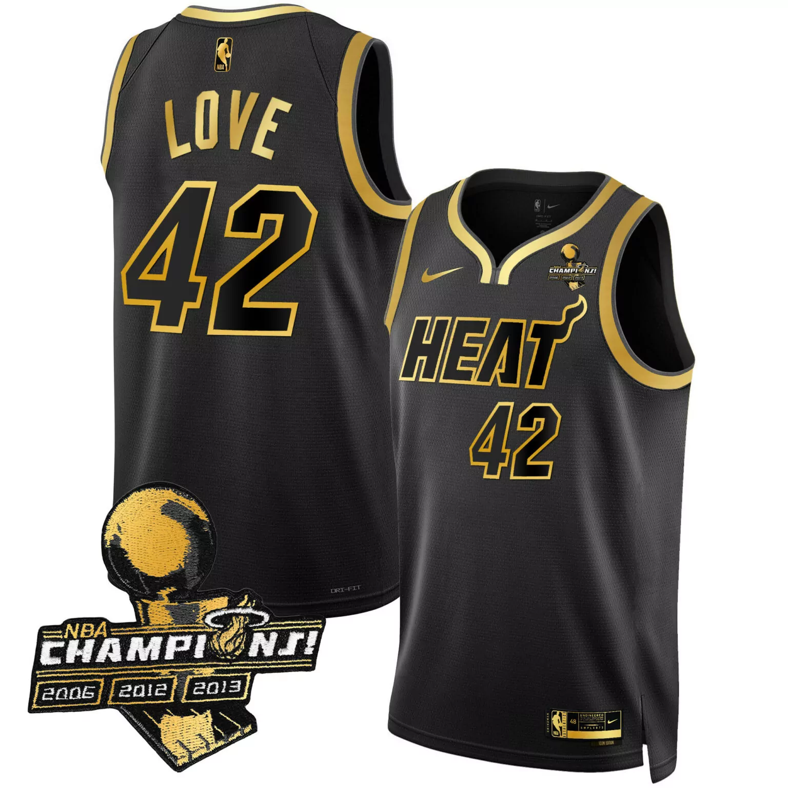 Kevin Love 42 Miami Heat Jersey Black 2013 NBA Champions Men Gold Collection All