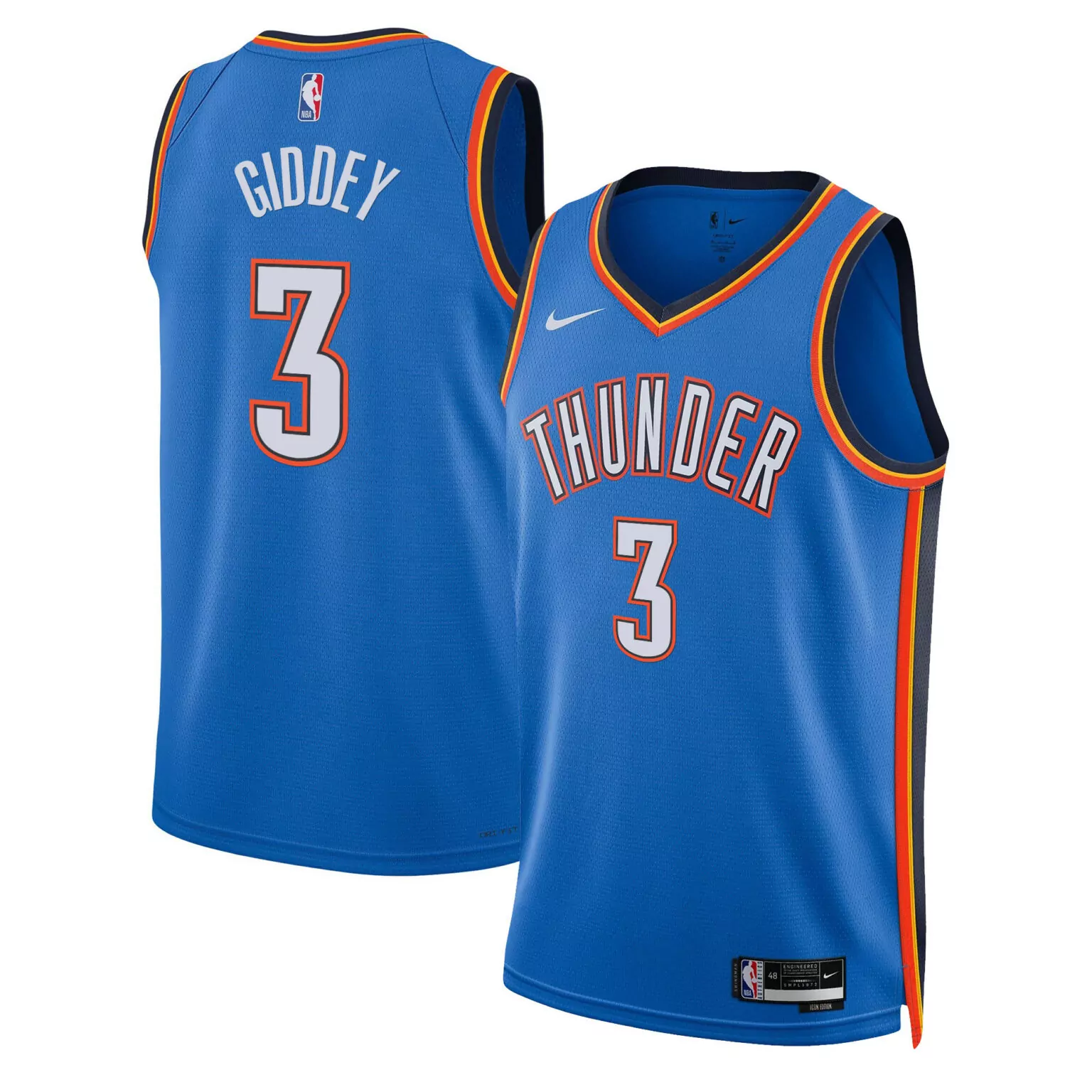 Josh Giddey 3 Jersey Blue Oklahoma City Thunder Men Icon Edition Orange Yellow Black