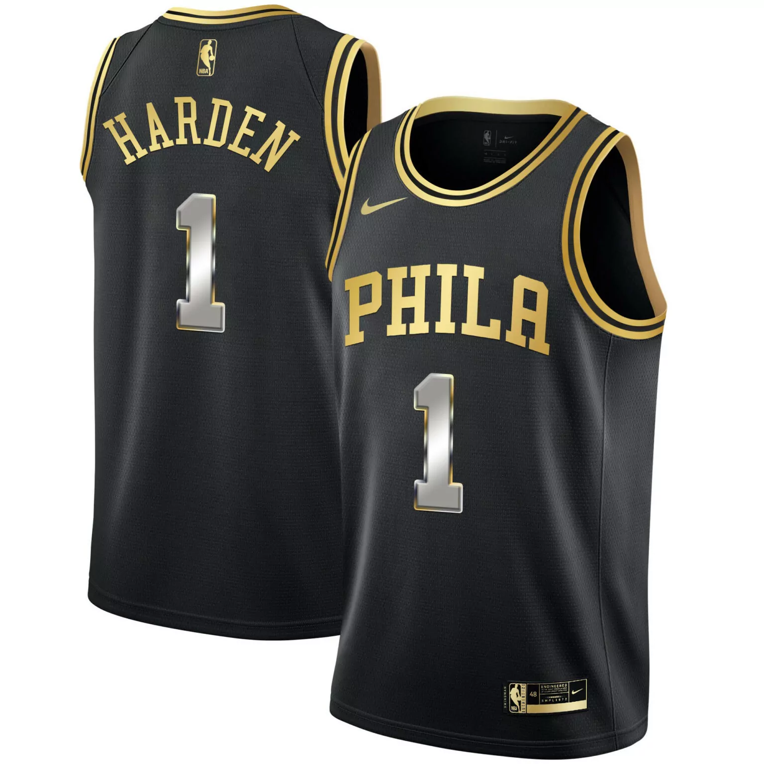 James Harden 1 Philadelphia 76ers Jersey Black Men Gold All Stitched