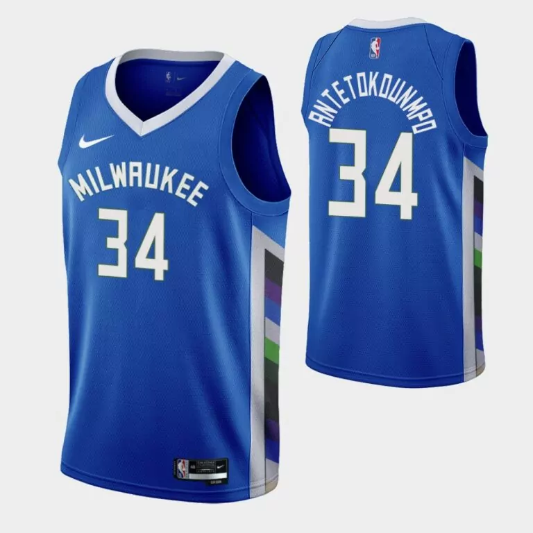 Giannis Antetokounmpo 34 Jersey Blue Milwaukee Bucks Men NBA White Green Purple Gray