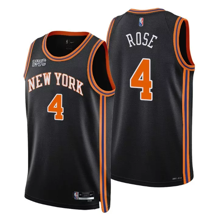 Derrick Rose 4 New York Knicks Jersey Black Men Standard Orange Blue