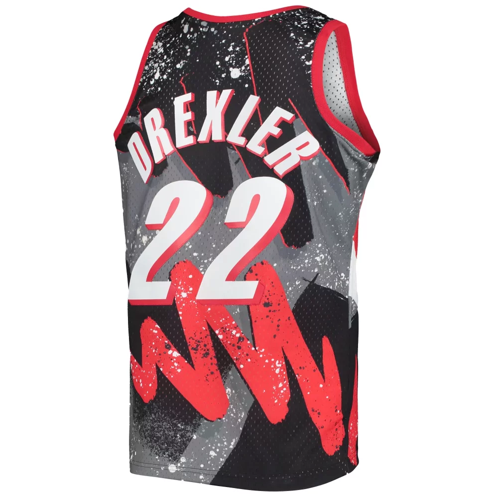 Clyde Drexler 22 Houston Rockets Jersey Black Men Red White Grey Hardwood Classics