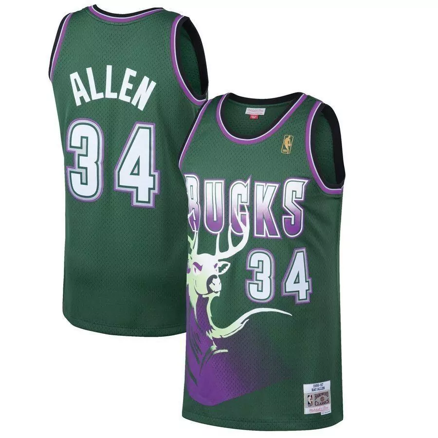 Ray Allen 34 Bucks Jersey Green Mitchell & Ness Hardwood Classics Men Purple White