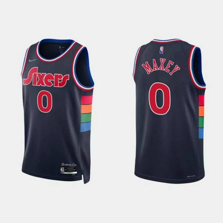 Tyrese Maxey Sixers Jersey Navy Brotherly Love Men NBA Split Design Red Blue Orange