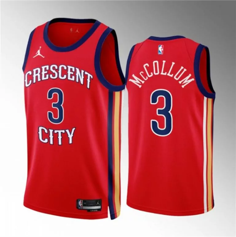 Cj Mccollum 3 Jersey Red New Orleans Pelicans Men Blue Gold White Stitched