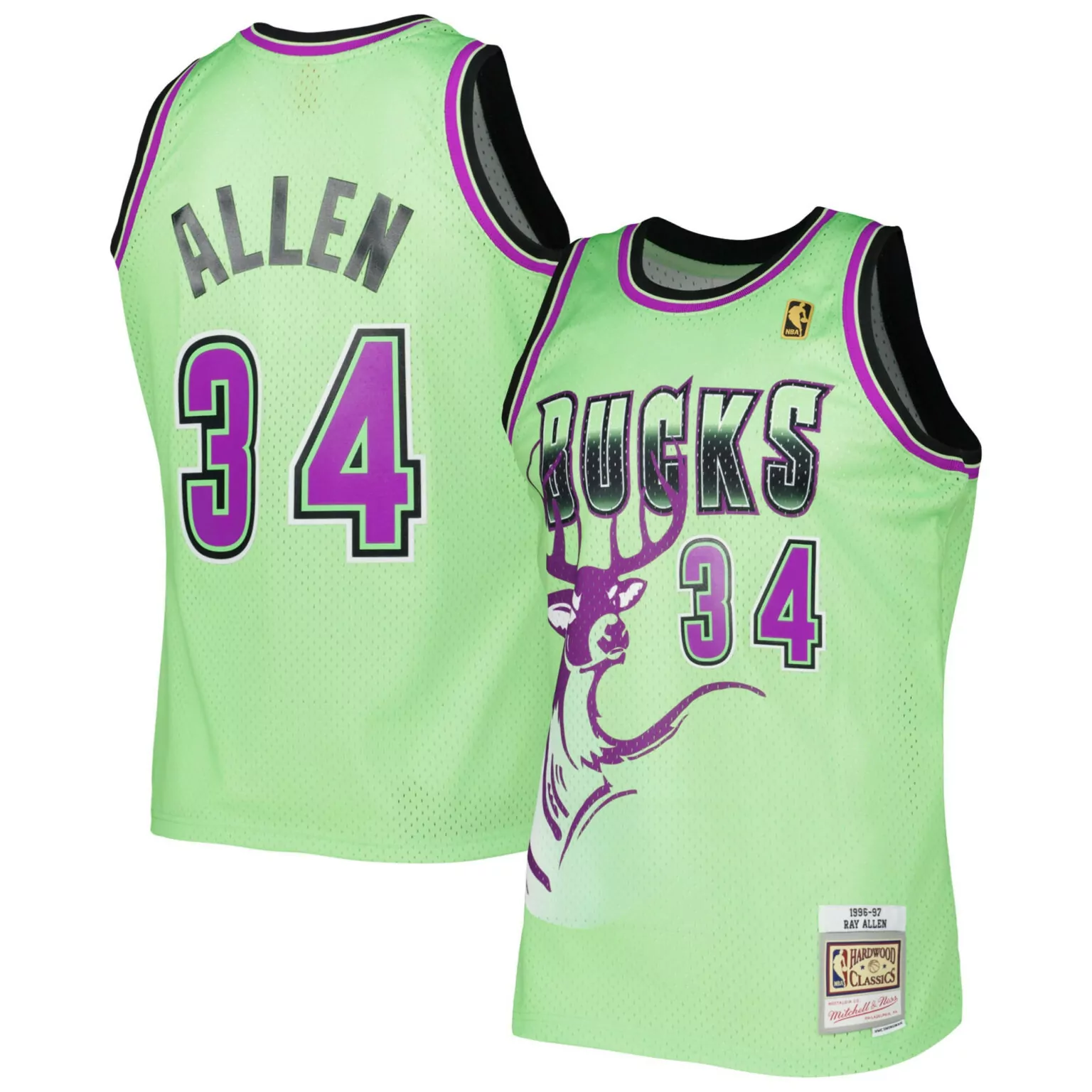 Ray Allen 34 Milwaukee Bucks Jersey Lime Green Hardwood Classics Mitchell Ness 1997