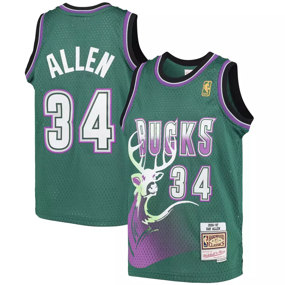 Ray Allen 34 Milwaukee Bucks Jersey Green 1996-97 Hardwood Classics Men Purple White
