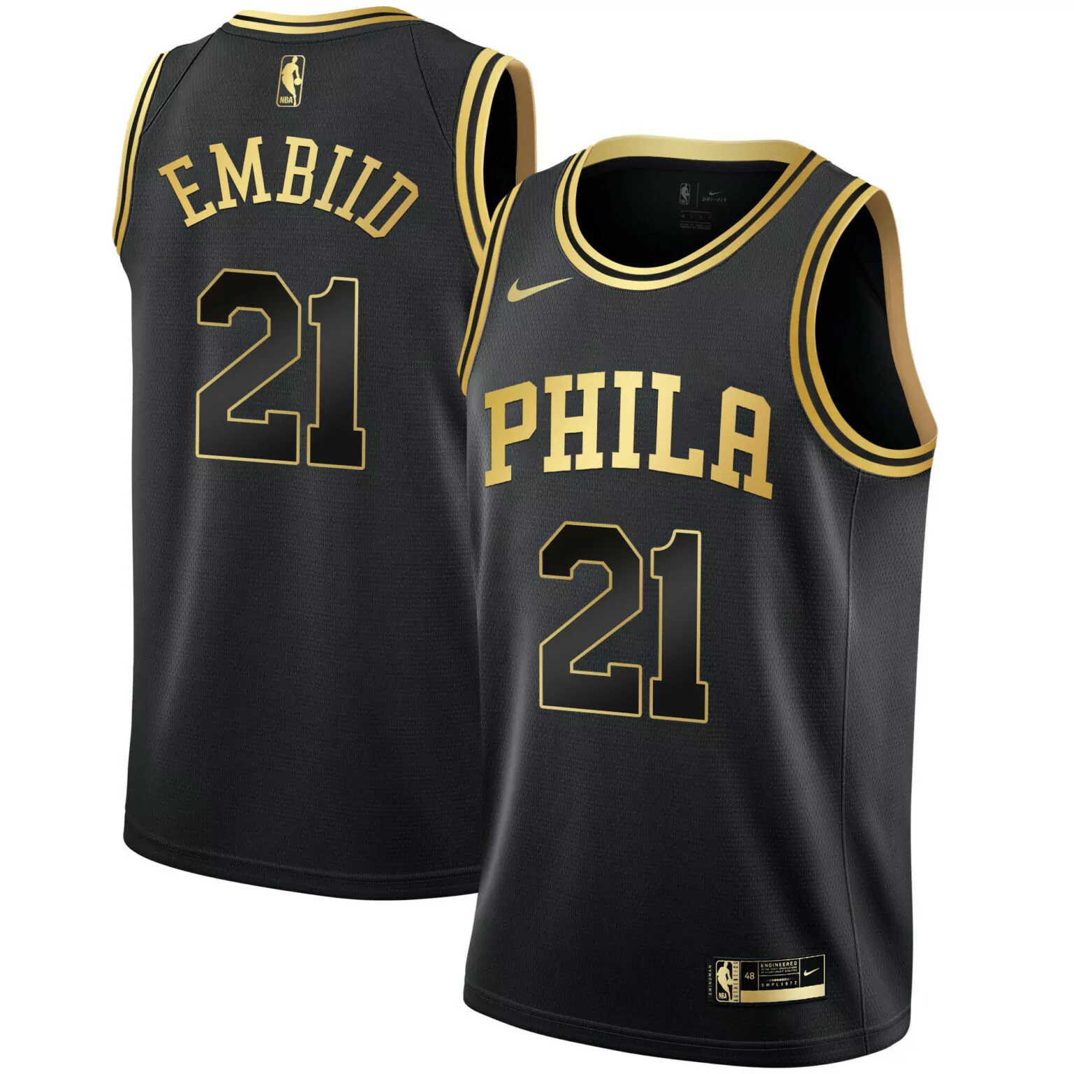 Joel Embiid 21 Philadelphia 76ers Jersey Black Men Gold All Stitched
