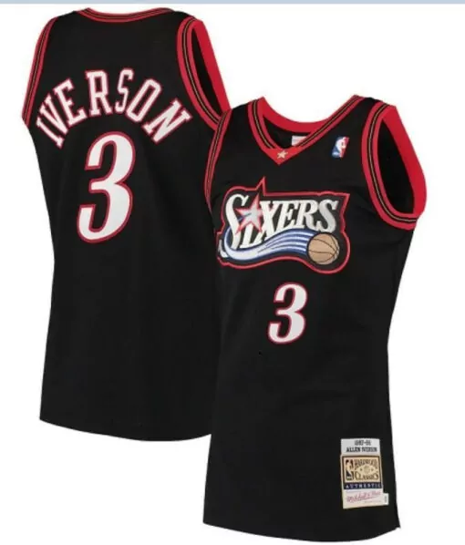 Allen Iverson 3 76ERS Jersey Black Hardwood Classics Men Authentic Red White