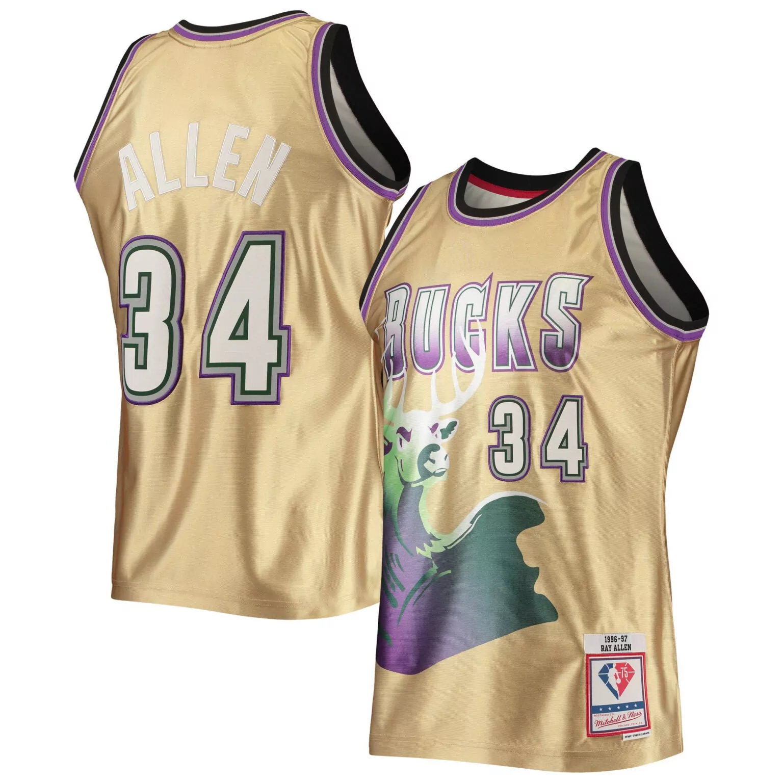 Ray Allen 34 Bucks Jersey Gold 75th Anniversary Mitchell Ness Men Throwback Design