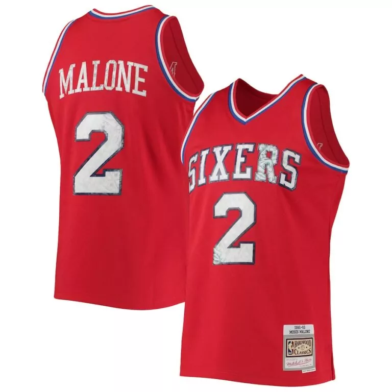 Karl Malone 2 Sixers Jersey Red Moses Mitchell Ness Hardwood Classics Men White Blue